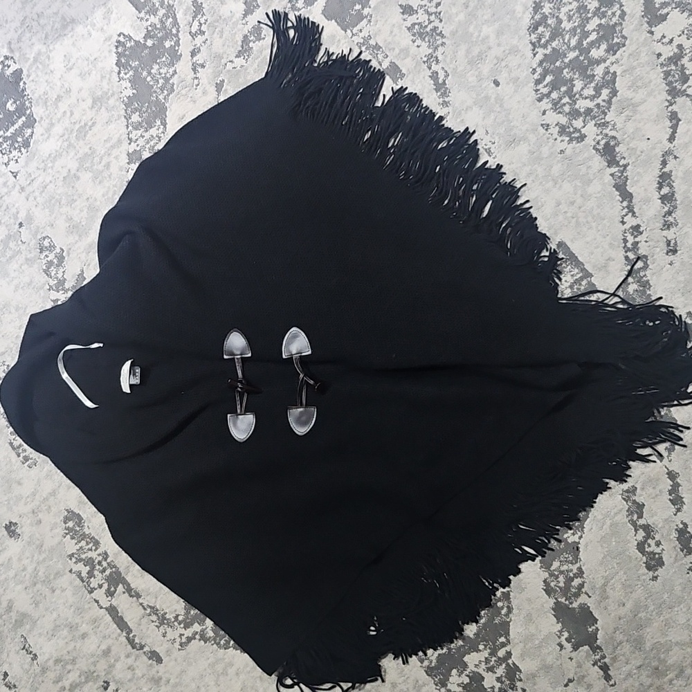David And Young Toggle Button Closure Poncho Shawl Fringe Black Womens OS